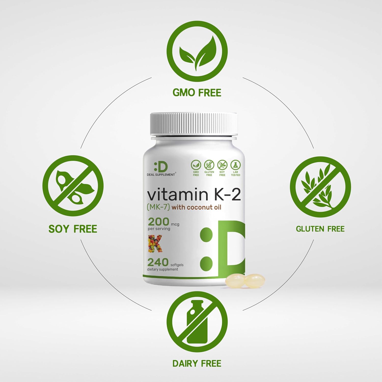 DEAL SUPPLEMENT Vitamin K2 MK-7 200mcg Coconut Oil Softgels Easily Absorbed Menaquinone-7 Form Bone, Joint Immune Support