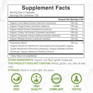 Deal Supplement Organic 10-in-1 Lions Mane Turkey Tail Reishi Cordyceps Mushroom Complex Immune, Energy & Nootropic Brain Support