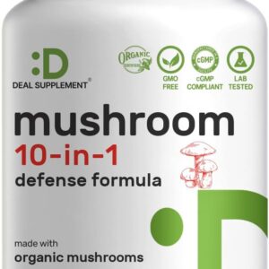 Deal Supplement Organic 10-in-1 Lions Mane Turkey Tail Reishi Cordyceps Mushroom Complex Immune, Energy & Nootropic Brain Support