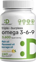 Deal Supplement Triple Omega 3-6-9 Fish Oil with Flaxseed Oil Borage Oils High EPA + DHA 3,600mg – 240 Softgels