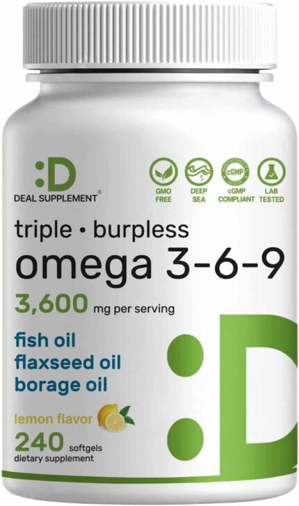 Deal Supplement Triple Omega 3-6-9 Fish Oil with Flaxseed Oil Borage Oils High EPA + DHA 3,600mg – 240 Softgels