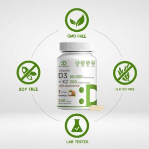 DEAL SUPPLEMENT Vitamin D3 50,000 IU + K2 MK7 Coconut Oil Bone Teeth & Immune Health 240 Softgels - Görsel 2