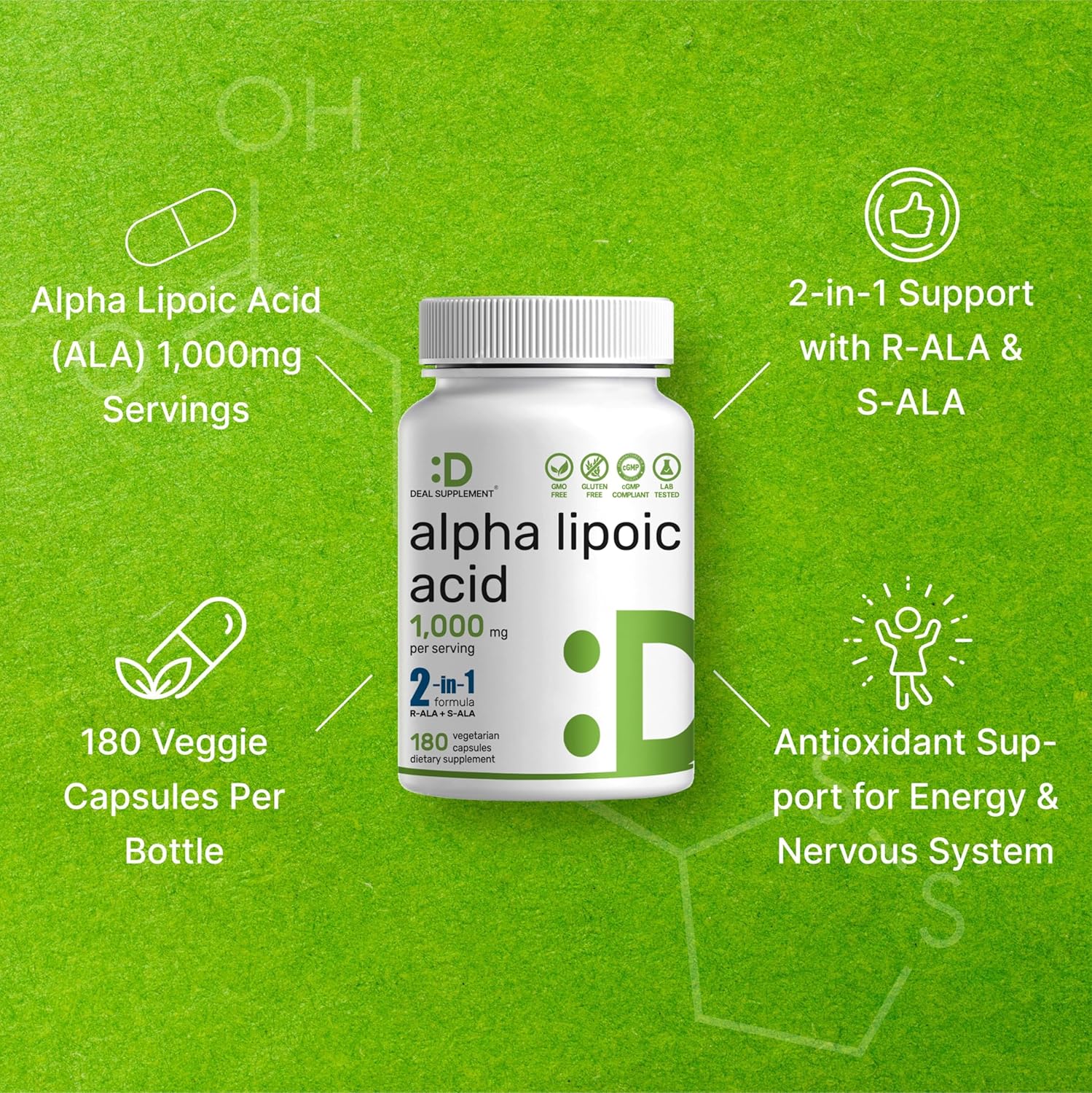 Deal Supplement Alpha Lipoic Acid 1000mg ALA & S-ALA Energy & Nervous System 180 Veggie Caps - Görsel 2