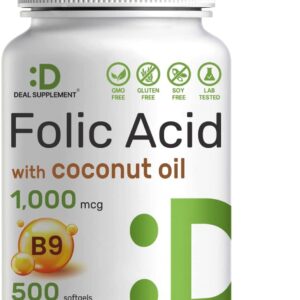 DEAL SUPPLEMENT Folic Acid 1000 mcg Oil Bioavailable Prenatal Vitamin B9 500 Softgels