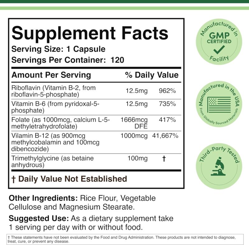 DOUBLE WOOD Methylated Multivitamin B Complex B6-B12 with TMG 120 Caps - Görsel 3