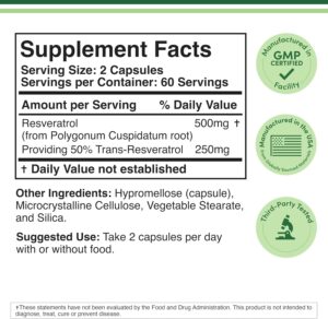 Double Wood 50% Trans Resveratrol Polygonum Root Healthy Aging 500mg 120 Caps - Görsel 3
