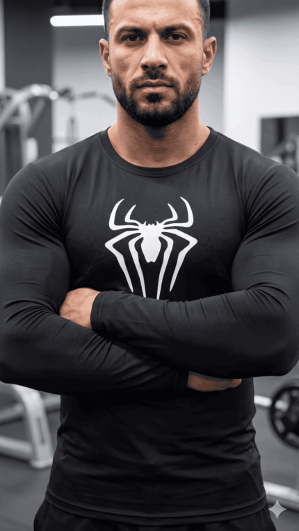 Sarkan Örümcek Compression Dar / Slim Bisiklet Yaka Tişört siyah ( uzun kollu)