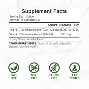 DEAL SUPPLEMENT Vitamin D3 5,000 IU + K2 MK7 100mcg with Virgin Coconut Oil Supports Heart Bone Teeth Immune Health 250 Softgels - Görsel 3