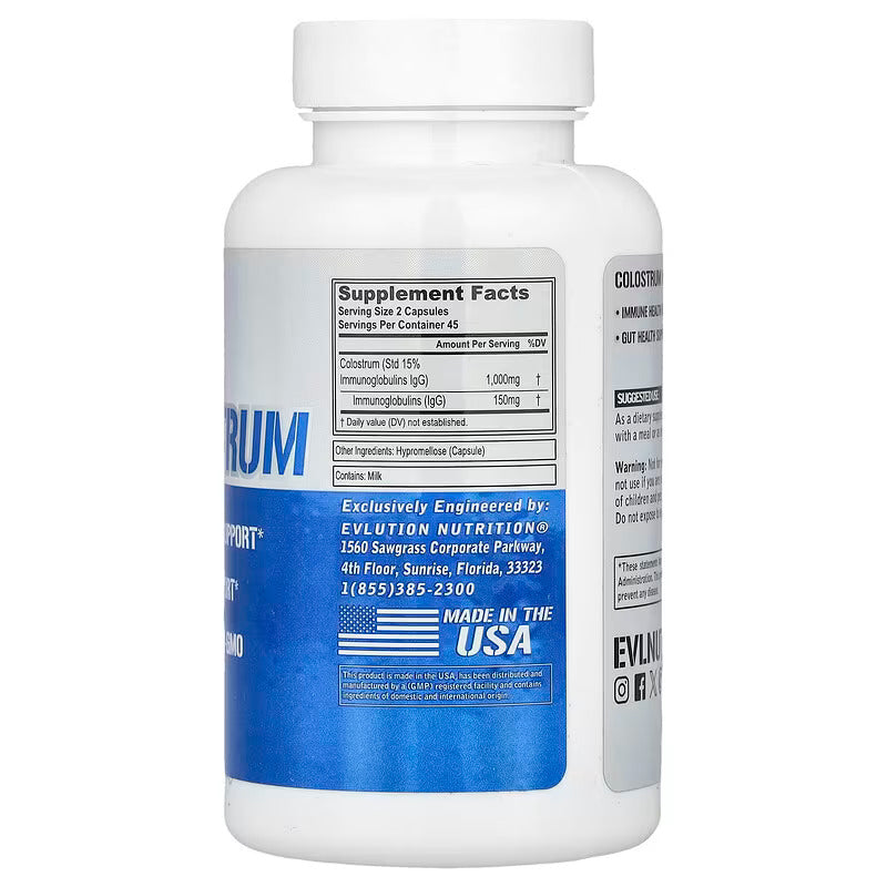 EVLution Nutrition Colostrum Immunoglobulins IgG Gut Immune Health Support 90 Veggie Caps