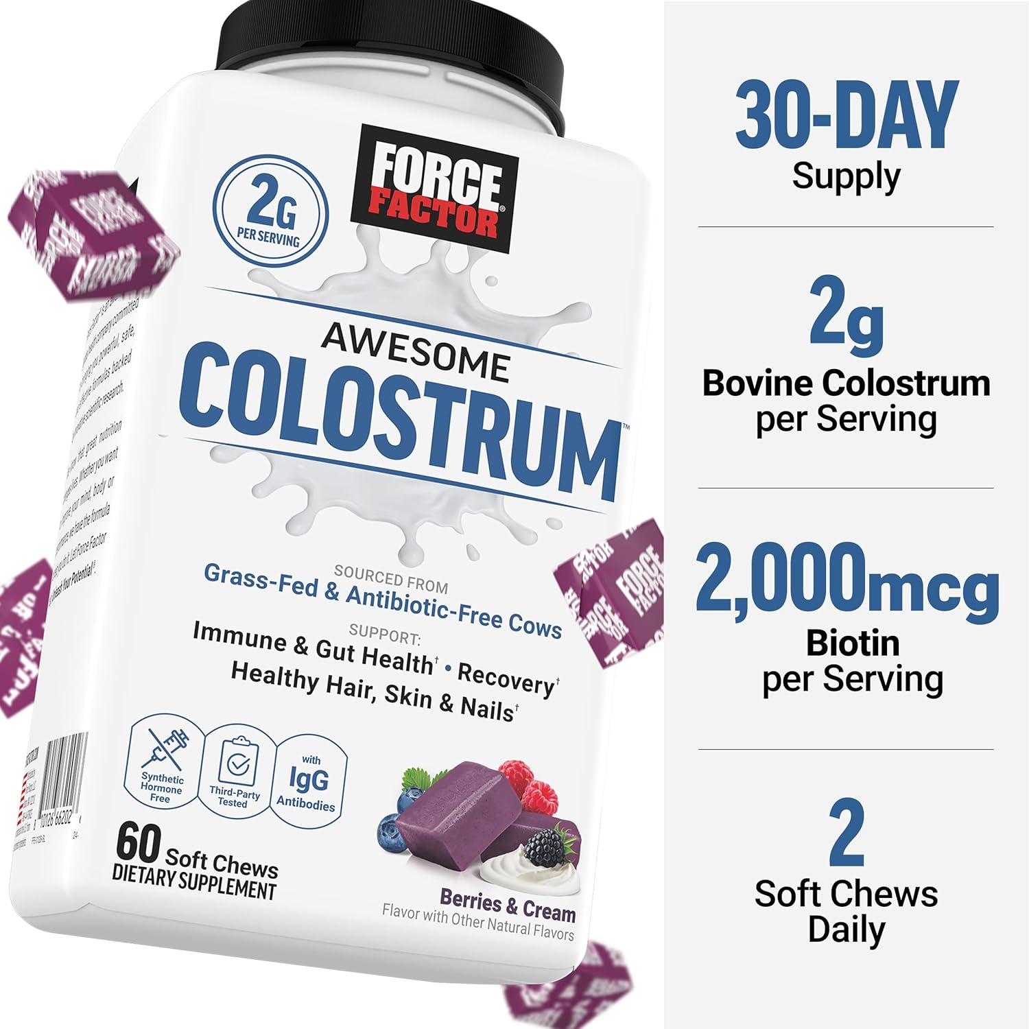 FORCE FACTOR Awesome Colostrum Biotin Grass-Fed Gut Immune Health Recovery Hair Skin & Nails Bovine Colostrum 60 Soft Chews - Görsel 2