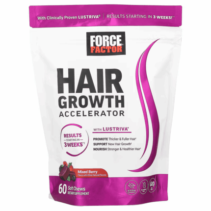 Force Factor Hair Growth Accelerator Hair Skin & Nails Vitamin Biotin Mixed Berry 60 Soft Chews