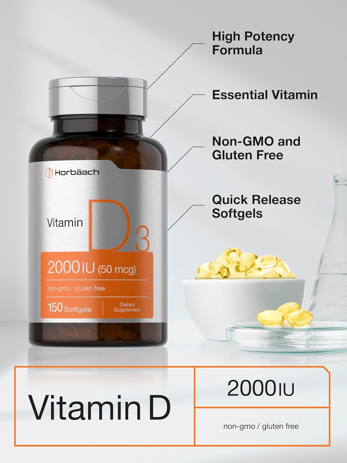 Horbaach Vitamin D3 2000IU Cholecalciferol 150 Softgels - Görsel 2