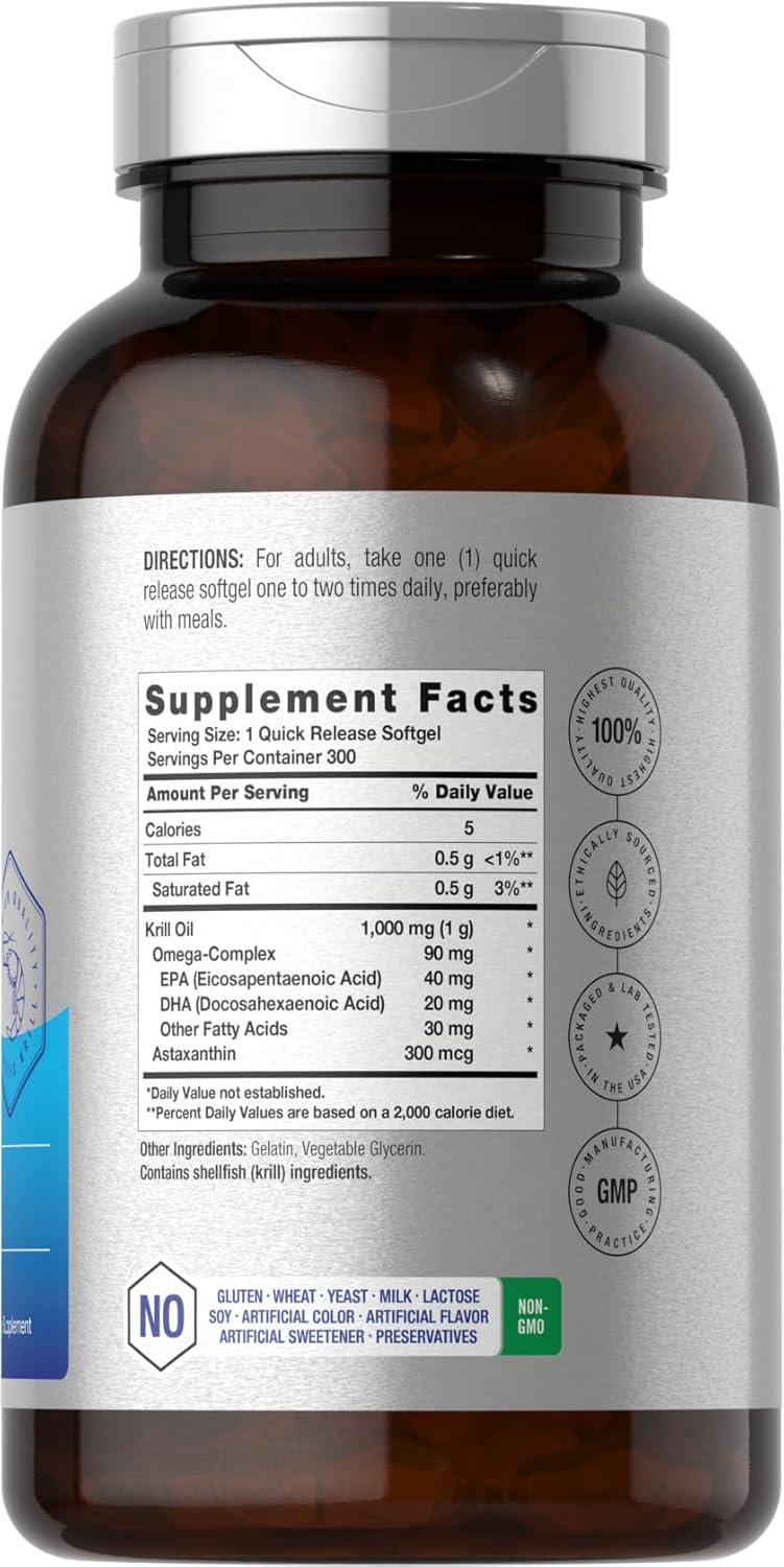 Horbäach Antarctic Krill Oil Omega 3 Astaxanthin EPA DHA 1000mg 300 Softgels - Görsel 2