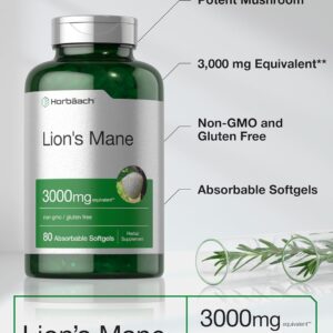 Horbäach Lions Mane Mushroom 3000mg 80 Absorbable Softgels