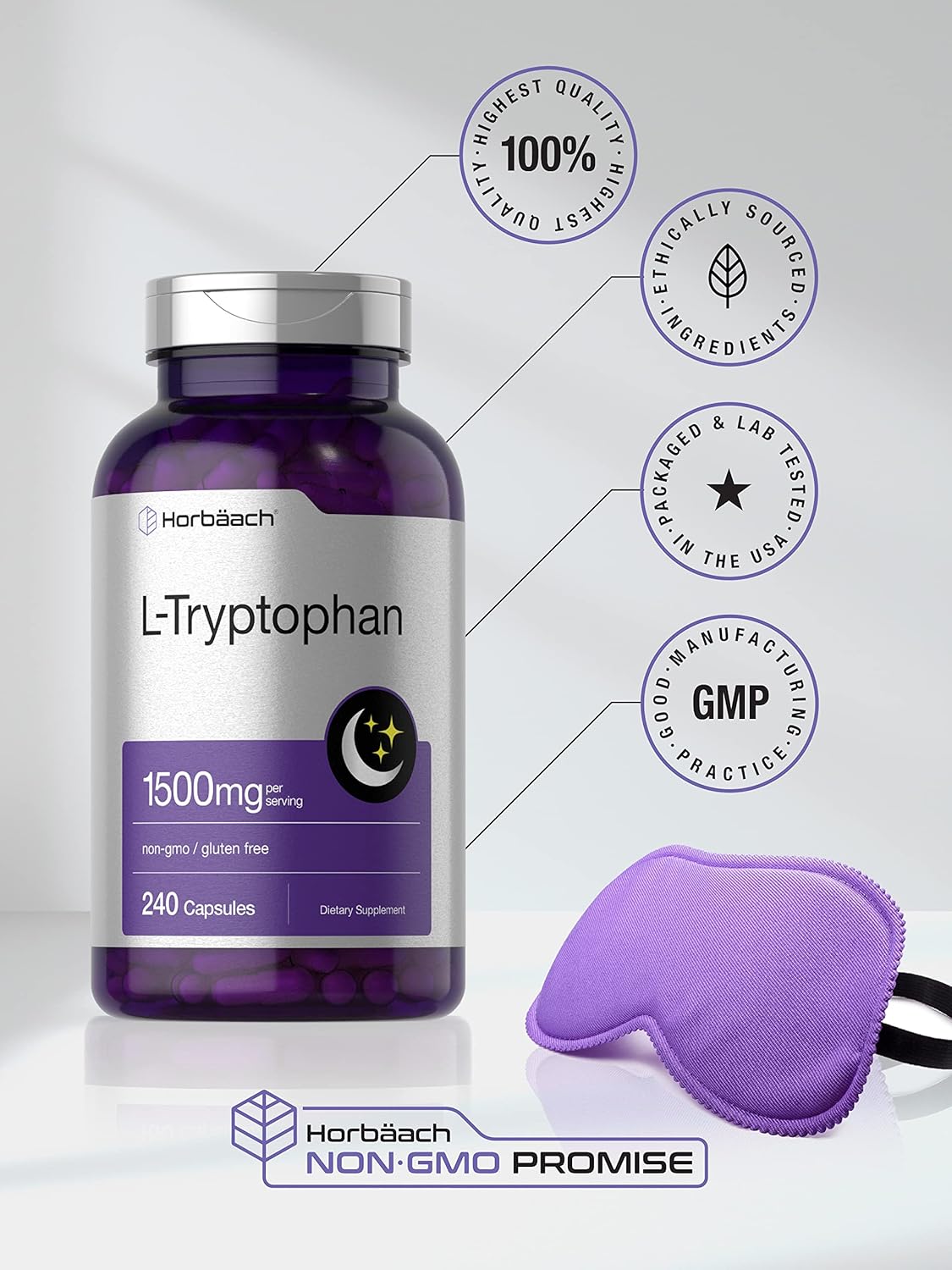 Horbäach L Tryptophan 1500mg Capsules 240 Count | Nighttime Formula | Non-GMO, Gluten Free - Görsel 2