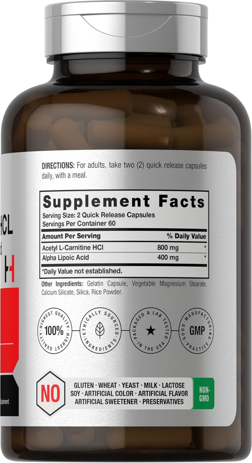 Horbaach Acetyl L-Carnitine HCL & Alpha Lipoic Acid 1200mg per serving 120 Capsules - Görsel 3