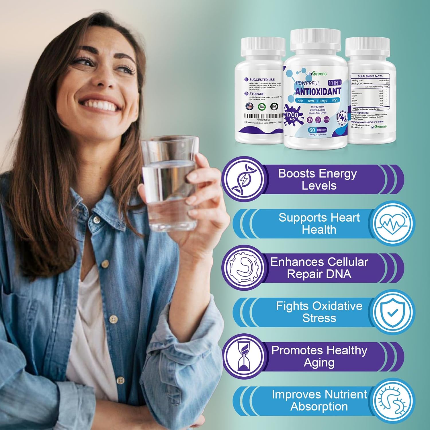 İnGreens Powerful Antioxidants with NAD NMNH Coq10 Resveratrol Spermidine Glutathione 60 Caps - Görsel 3