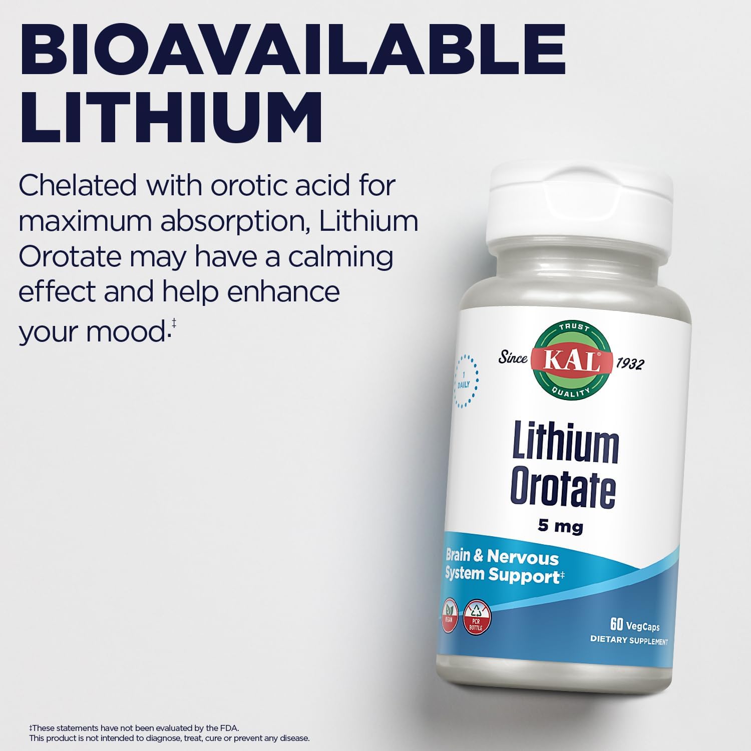 KAL Lithium Orotate 5mg General Wellness Support 60 VegCaps