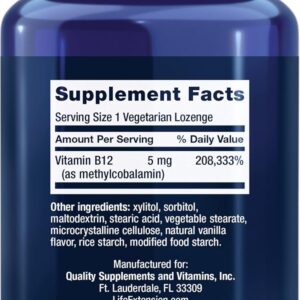 Life Extension Vitamin B12 Bioactive Methylcobalamin Nerve Health Cognitive 5 mg Quick-Dissolving 60 lozenges