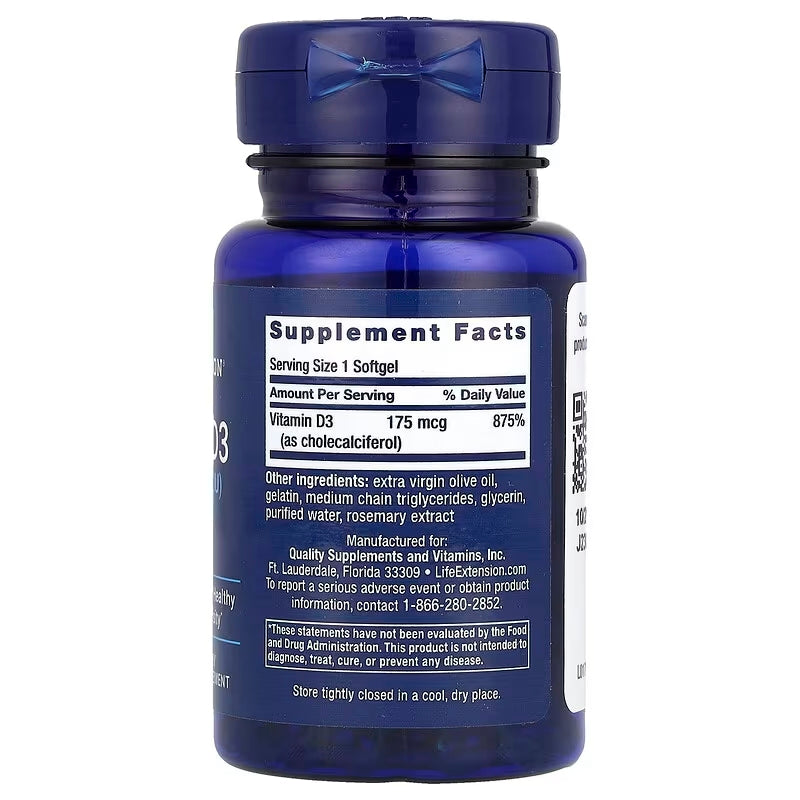 Life Extension Vitamin D3 175 mcg 7000 IU Immune System Bone Health, Brain 60 softgels