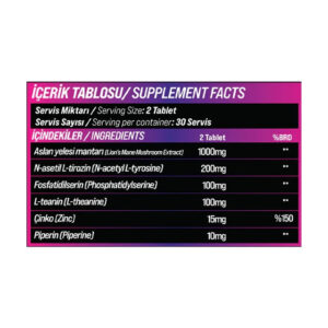 GRIMSUPPS LION'S MANE NEURO SUPPORT L-THEANINE & N-ACETYL TYROSINE 60 TABLETS - Görsel 2