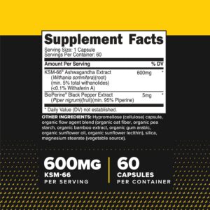 Primaforce KSM66 Ashwagandha Root Extract 600mg 60 Veggie Capsules – 5% Withanolides with BioPerine