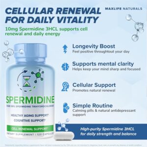 Maxlife Naturals Pure Spermidine with Trihydrochloride Brain Cell Repair Anti Aging 3HCL 10mg – 120 Caps