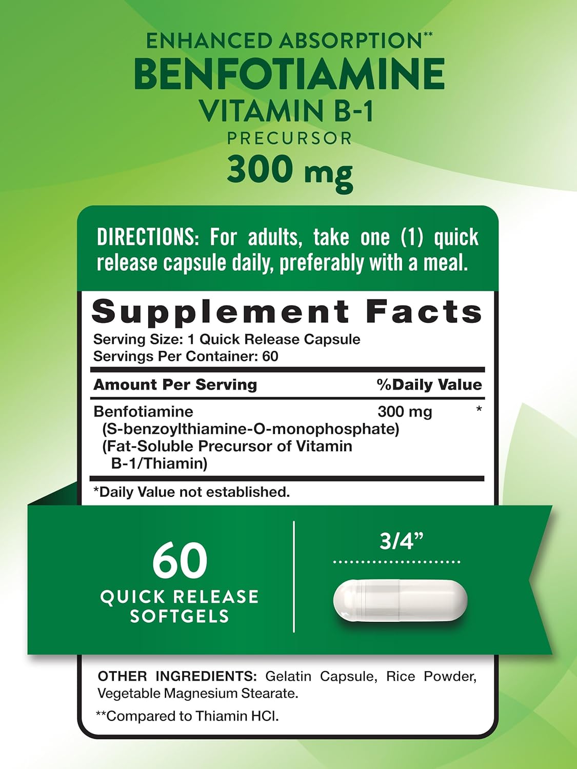 Nature's Truth Benfotiamine 300 mg 60 Kapsul Vitamin B1 Precursor Enhanced Absorption - Görsel 3
