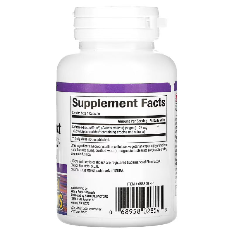 Natural Factors Stress-Relax 100% Pure Saffron Brain & Cognitive Supports Mood 30 Vegetarian Caps - Görsel 2