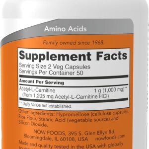 NOW Foods Acetyl-L Carnitine 500 mg Amino Acid Brain And Nerve Cell Function 100 Veg Capsules