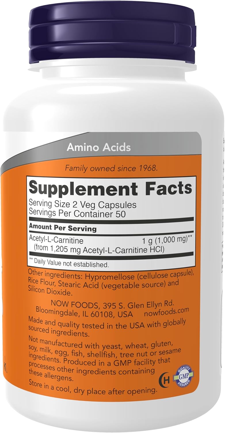 NOW Foods Acetyl-L Carnitine 500 mg Amino Acid Brain And Nerve Cell Function 100 Veg Capsules - Görsel 2