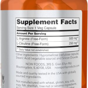 NOW Sports Nutrition Arginine & Citrulline 500 mg 250 mg Amino Acids 120 Veg Caps