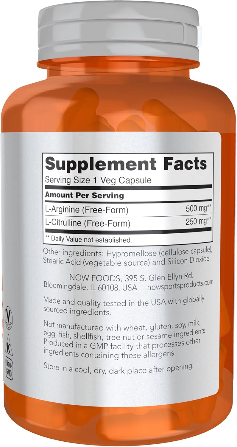NOW Sports Nutrition Arginine & Citrulline 500 mg 250 mg Amino Acids 120 Veg Caps - Görsel 2