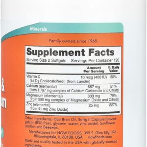 NOW Foods Calcium & Magnesium + Zinc + D3 Bone Health 240 Softgels