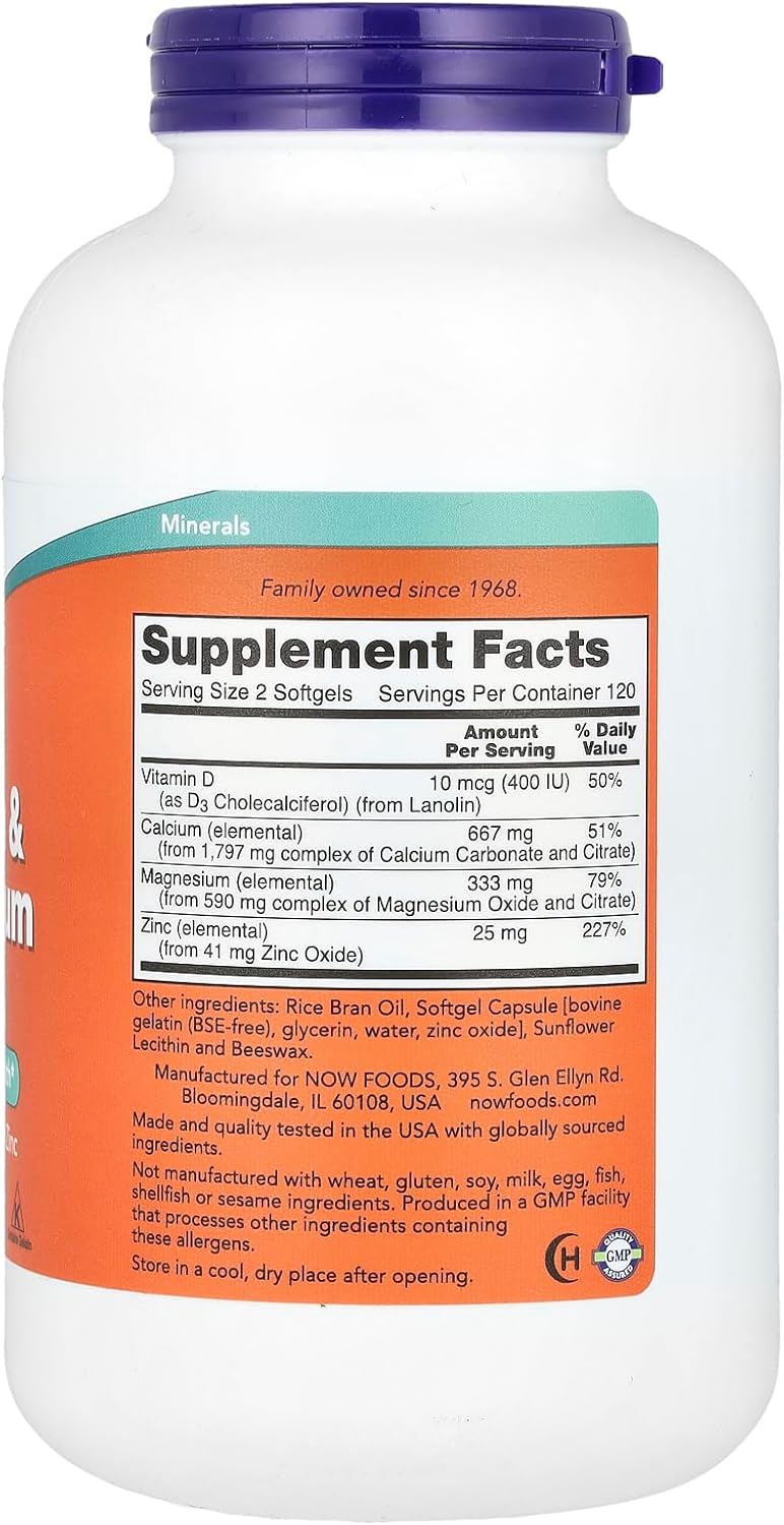 NOW Foods Calcium & Magnesium + Zinc + D3 Bone Health 240 Softgels - Görsel 2