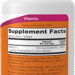 NOW Foods, Vitamin D3 High Potency, 125 μg (5000 IU) 240 Softgels
