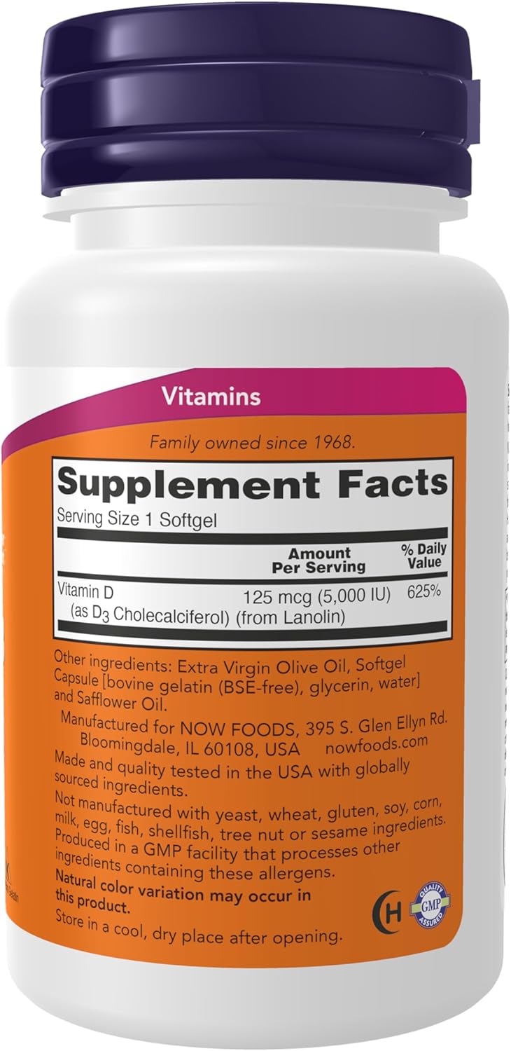 NOW Foods, Vitamin D3 High Potency, 125 μg (5000 IU) 240 Softgels - Görsel 2