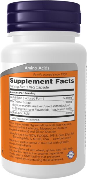 NOW Foods Glutathione 500 mg With Milk Thistle Extract & Alpha Lipoic Acid Detox Free Radical Neutralizer 30 Veg Caps