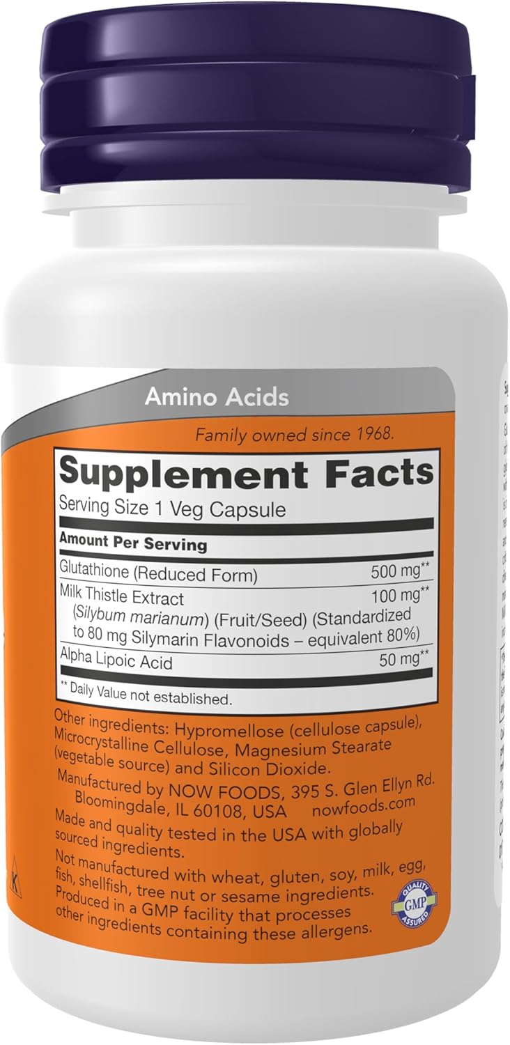 NOW Foods Glutathione 500 mg With Milk Thistle Extract & Alpha Lipoic Acid Detox Free Radical Neutralizer 30 Veg Caps - Görsel 2