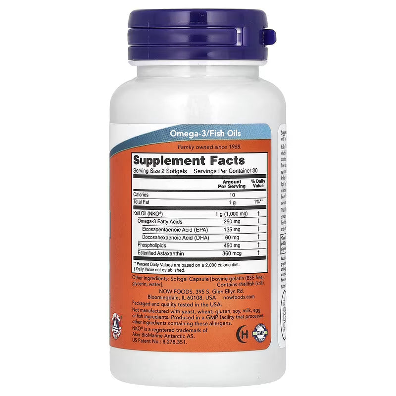 NOW Foods Krill Oil Omegas & Fish Oils EPA DHA Phospholipids Astaxanthin 500 mg 60 Softgels