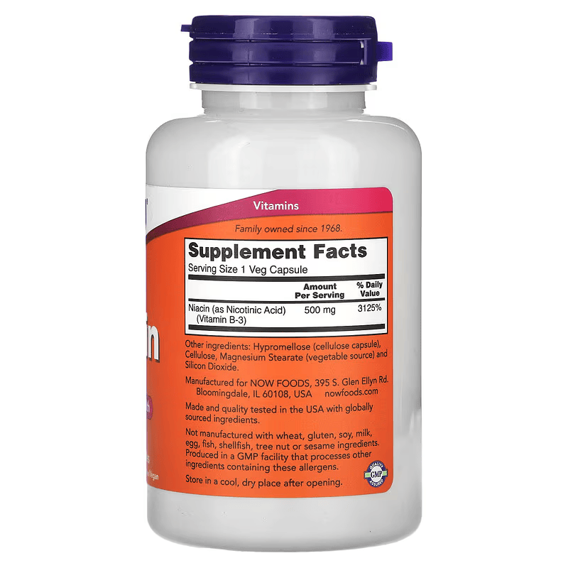 NOW Foods Vitamin B3 Niacin Flush 500 mg 100 Veg Caps - Görsel 2