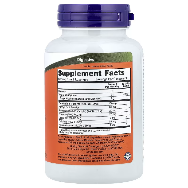 NOW Foods Chewable Papaya Enzymes Digestive Enzymes Mint and Chlorophyll 180 Lozenges - Görsel 2