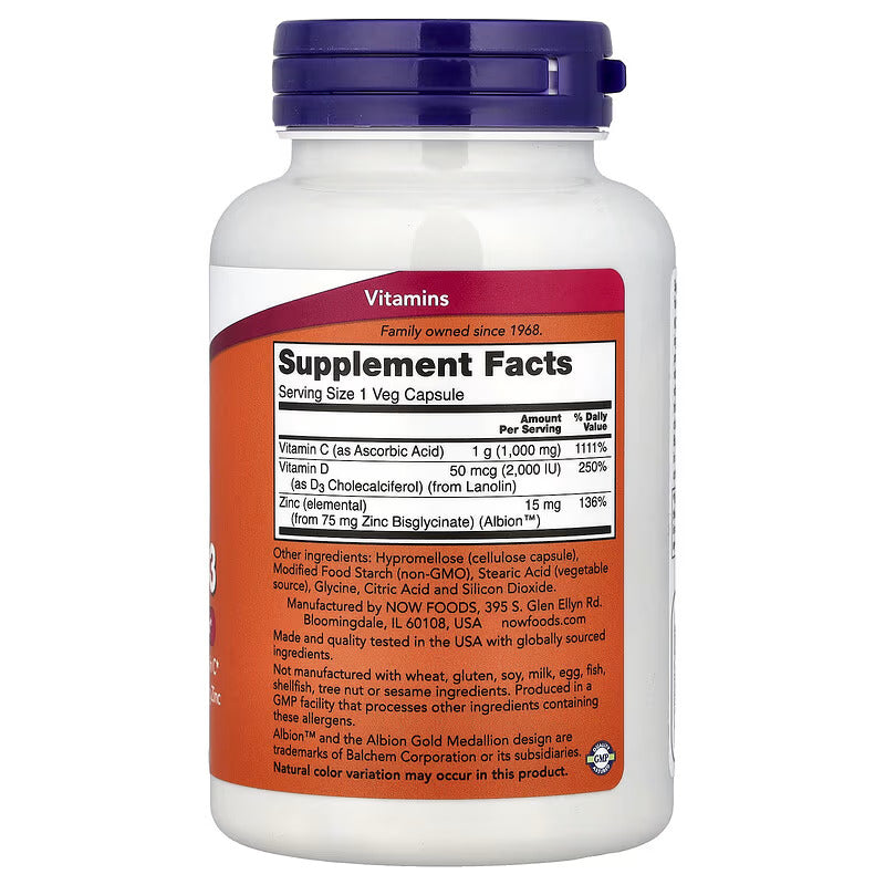 NOW Foods Vitamin C-1000 Zinc Çinko & D3 Vitamin Immune Support Antioxidant 100 Veg Caps - Görsel 2