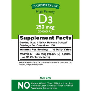 Natures Truth, Vitamin D3 High Potency, 250 mcg (10,000 IU), 100 Quick Release Softgels - Görsel 3