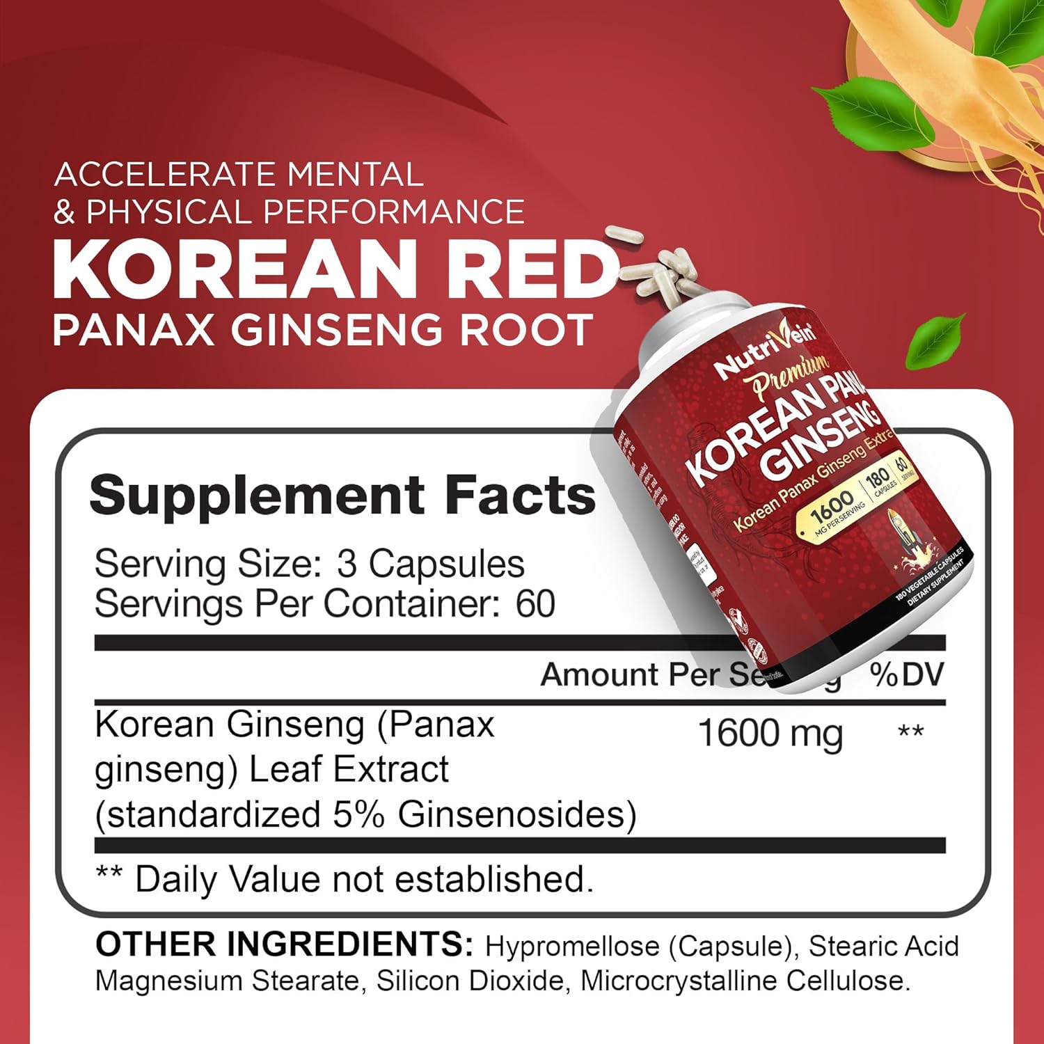 Nutrivein Korean Red Panax Ginseng Boost Energy, Mental Focus & Immune Health 1600mg 180 Caps - Görsel 4