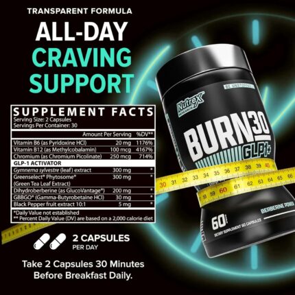 Nutrex BURN30 GLP-1 Carnitine Super Berberine Weight Management Appetite Control Gymnema sylvestre 60 Caps