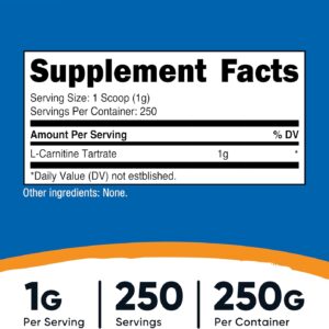 Nutricost L-Carnitine Tartrate Muscle Recovery 250 Gram – 1 Gram per Serving, 250 Servings