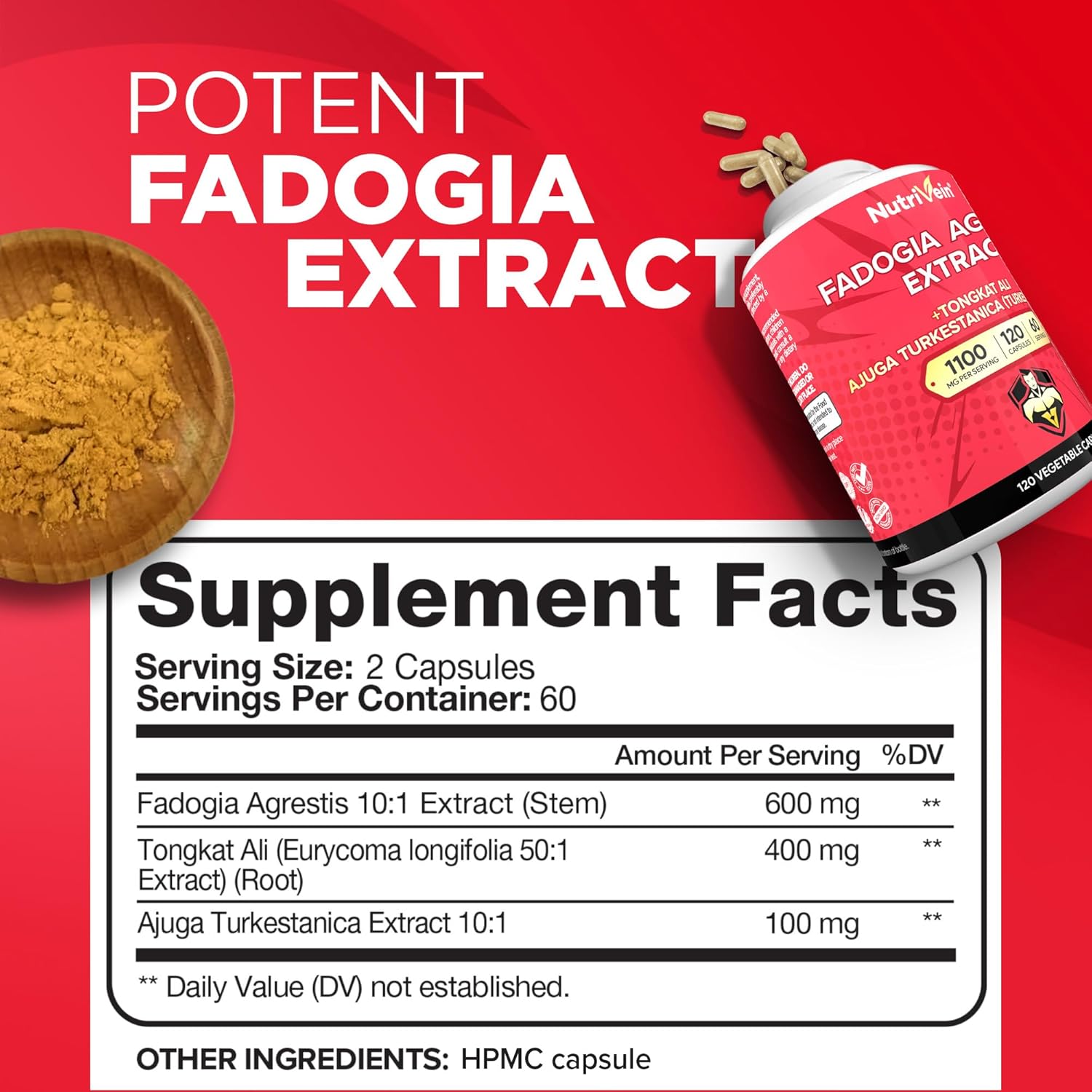 Nutrivein Premium Fadogia Agrestis and Tongkat Ali with Turkesterone - 1100 mg - 120 Caps Strength, & Recovery for Men & Women - Görsel 5