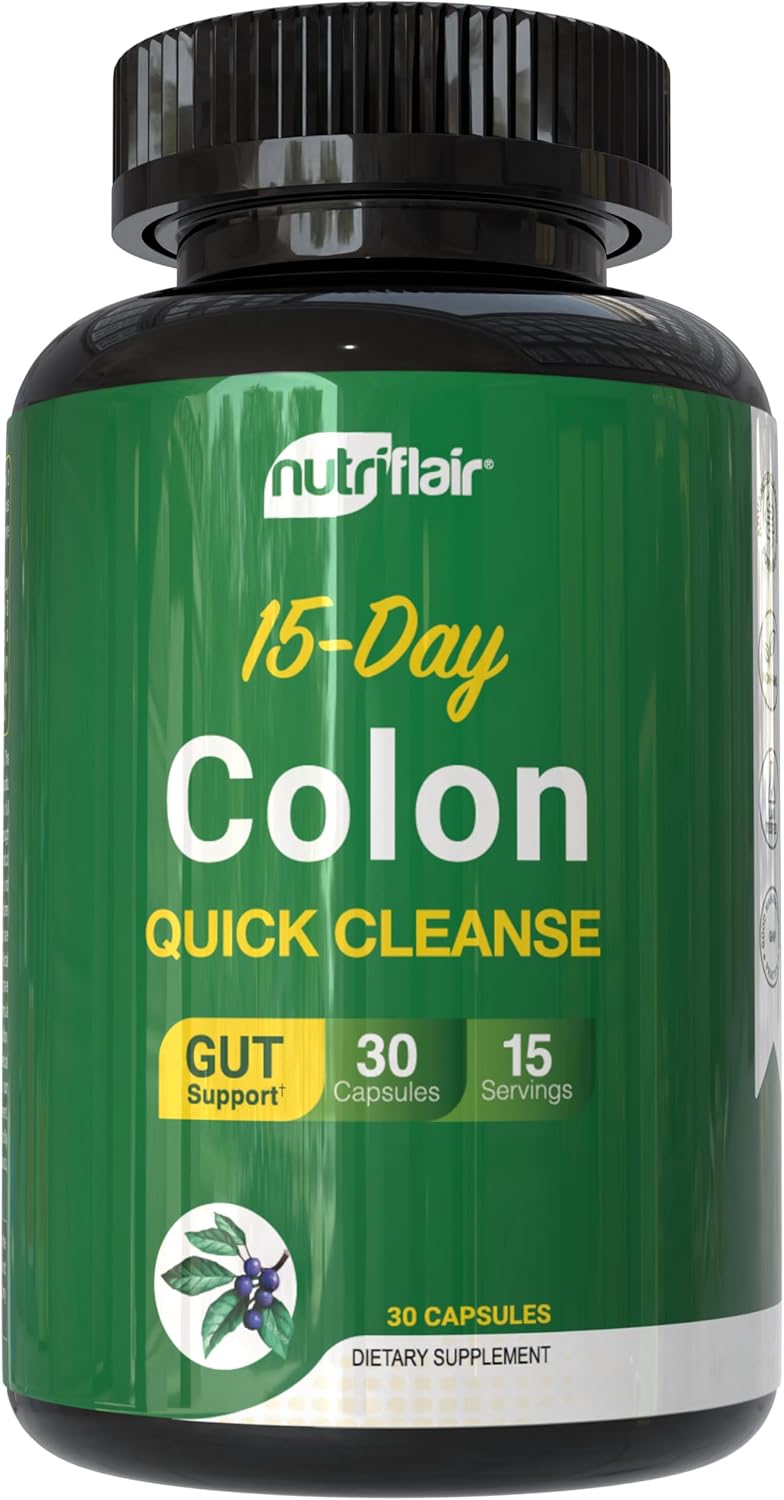 NutriFlair Colon Cleanse 15 Day Gut Detox Cascara Sagrada Senna Leaf Psyllium Husk & Probiotics Lactobacillus – 30 Caps