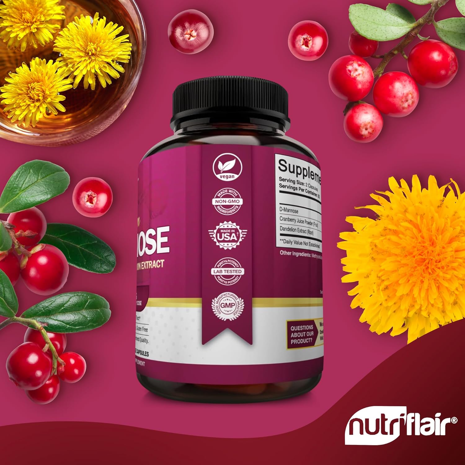 NutriFlair D-Mannose 1500mg with Cranberry and Dandelion Urinary Tract Health Detox Body 120 Caps